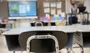Desks and chairs sit empty in a classroom at Loring Flemming Elementary School in Blackwood, N.J.