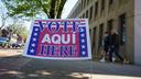 A voting location sign is seen on primary Election Day 2024 at Bethlehem City Hall in Northampton County, Pennsylvania. A voting location sign is seen on primary Election Day 2024 at Bethlehem City Hall in Northampton County, Pennsylvania.