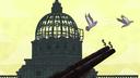 An illustration of a gun adorned with dollar signs aiming at pigeons flying from the Pa. Capitol. An illustration of a gun adorned with dollar signs aiming at pigeons flying from the Pa. Capitol.