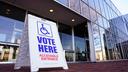 A voting sign sits outside the Allentown Public Library in Pennsylvania on Nov. 8, 2022.