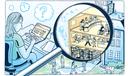 Illustration of a woman working at a laptop and a magnifying glass focused on local government offices.