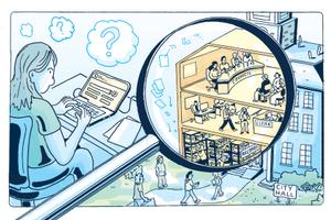 Illustration of a woman working at a laptop and a magnifying glass focused on local government offices.