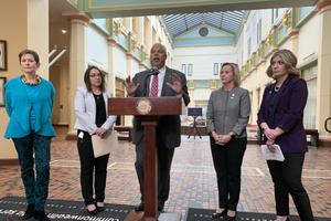 A group of Democratic state senators said a news conference Wednesday they want to reform the largely-secret nomination process for filling judicial vacancies. Pictured from right-to-left: Sen. Katie Muth (D., Montgomery), Sen. Maria Collett (D., Montgomery), Sen. Anthony Williams (D., Philadelphia), Sen. Lindsey Williams (D., Allegheny) and Maida Milone, president and CEO of Pennsylvanians for Modern Courts.