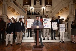 During an event at the state capitol, Adam Goldman, a housing counselor at the Philadelphia Unemployment Project, urged the state to speed up the state's pandemic mortgage relief program.