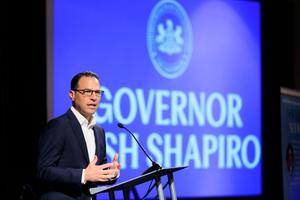 Pennsylvania Gov. Josh Shapiro speaks at a small business summit in Harrisburg.