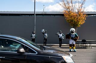 The Eagles mascot, Swoop, and team cheerleaders greeted voters dropping off their mail ballots at a satellite election office site at Lincoln Financial Field in Philadelphia on Nov. 2, 2020.
