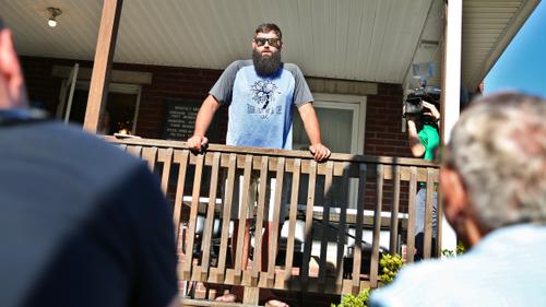 Tioga Mayor David Wilcox speaks to residents from the porch of the municipal building on July 12, 2022. He insisted that several Borough Council members misled him on Loehmann’s hiring.