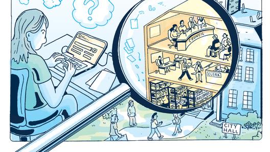 An illustration of a person at a laptop looking at various facets of local government. An illustration of a person at a laptop looking at various facets of local government.