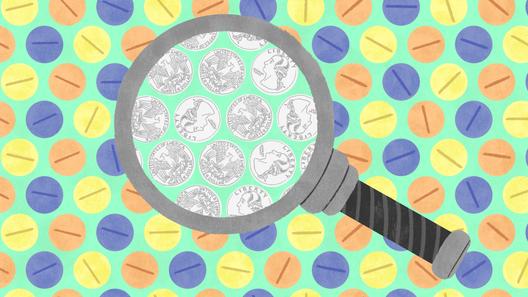 Illustration of a magnifying glass, showing pills changing to coins.