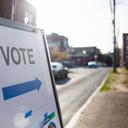 A sign showing people where they should cast their ballots for an election.