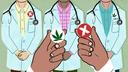 Illustration of three doctors, with a hand holding two tokens, one of a red X and one of a marijuana leaf.