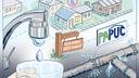 An illustration of water coming from a tap, houses, pipes, a Rock Spring Water Company sign, and a PUC sign. An illustration of water coming from a tap, houses, pipes, a Rock Spring Water Company sign, and a PUC sign.