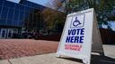 A voting location sign is displayed outside Allentown Public Library in Lehigh County, Pennsylvania.