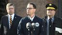 Gov. Josh Shapiro (center) is flanked by Dauphin County DA Fran Chardo (left) and Colonel Christopher Paris of the State Police Gov. Josh Shapiro (center) is flanked by Dauphin County DA Fran Chardo (left) and Colonel Christopher Paris of the State Police