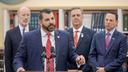 House Speaker Mark Rozzi (center) is shown in 2019 with Gov. Tom Wolf (left) and Gov.-elect Josh Shapiro (right).