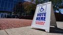 A voting location sign is displayed outside Allentown Public Library in Lehigh County, Pennsylvania.