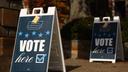 “Vote Here” signs at Temple Sinai in the Squirrel Hill neighborhood of Pittsburgh, PA, on Election Day, Nov. 5, 2024.