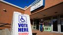 A voting sign is displayed Nov. 5, 2024, at Sheridan Elementary School in Allentown, Lehigh County, Pennsylvania.