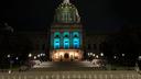 The Pennsylvania Capitol building illuminated in teal for Sexual Assault Awareness Month. The Pennsylvania Capitol building illuminated in teal for Sexual Assault Awareness Month.