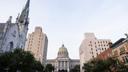 The view of the Pennsylvania Capitol in Harrisburg from State Street. The view of the Pennsylvania Capitol in Harrisburg from State Street.