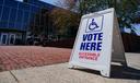 A voting location sign is displayed outside Allentown Public Library in Lehigh County, Pennsylvania.