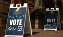 “Vote Here” signs at Temple Sinai in the Squirrel Hill neighborhood of Pittsburgh, PA, on Election Day, Nov. 5, 2024.