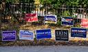 Campaign signs are shown outside Kirby Sports Center on Nov. 5, 2024, in Easton, Northampton County, Pennsylvania.