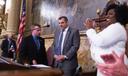 Mark Rozzi (center) was joined by Bryan Cutler (right) and Joanna McClinton after being selected PA House speaker.