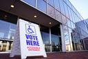 A voting sign outside Allentown Public Library in Lehigh County, Pennsylvania.