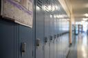 A row of lockers at Bennetts Valley Elementary School in Weedville, Pennsylvania on April 5, 2023.