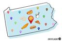 Illustration of Pennsylvania with select food items and location pins placed across the state. Illustration of Pennsylvania with select food items and location pins placed across the state.