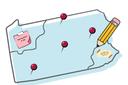 An illustration of a pencil drawing a squiggly line on a map of Pennsylvania that has sticky notes and pushpins stuck to it. An illustration of a pencil drawing a squiggly line on a map of Pennsylvania that has sticky notes and pushpins stuck to it.
