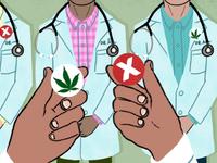 An illustration of three doctors, with a hand holding two tokens, one of a red X and one of a marijuana leaf.