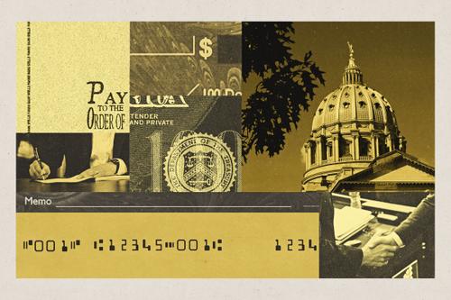 Photo illustration of the Capitol building, checks and bills, and their related iconography.