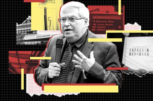 A photo illustration of Raymond Hohl encircled by images of the Penn State Cancer Institute, a medical device, and a nurse’s binder of thank you notes. A photo illustration of Raymond Hohl encircled by images of the Penn State Cancer Institute, a medical device, and a nurse’s binder of thank you notes.