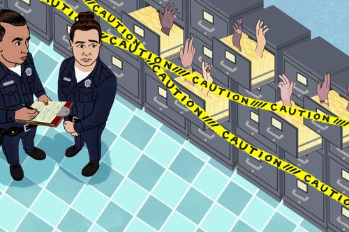 An illustration of two police officers standing in front of filing cabinets with hands coming out of the files. An illustration of two police officers standing in front of filing cabinets with hands coming out of the files.