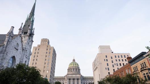 The view of the Pennsylvania Capitol in Harrisburg from State Street. The view of the Pennsylvania Capitol in Harrisburg from State Street.