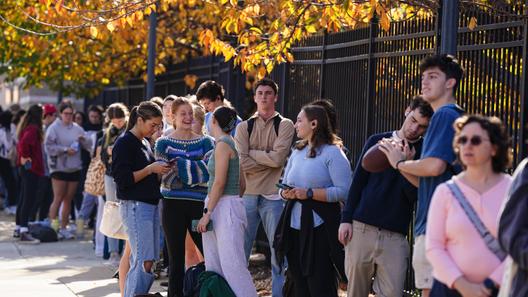 Students wait in line to vote Nov. 5, 2024, outside Kirby Sports Complex in Easton, Northampton County, Pennsylvania. Students wait in line to vote Nov. 5, 2024, outside Kirby Sports Complex in Easton, Northampton County, Pennsylvania.