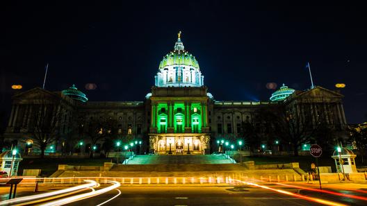 The Pennsylvania Capitol in Harrisburg was lit green in 2016 to celebrate the passage of medical marijuana.