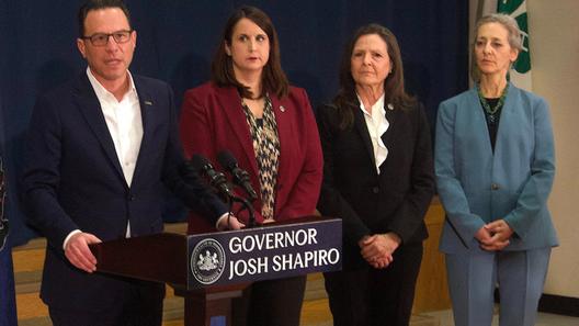 Gov. Josh Shapiro speaks at a press conference at Berks County Agricultural Center in Bern Township on February 26, 2026. From left, he is with Department of Environmental Protection Deputy Secretary Jill Whitcomb; Labor & Industry Secretary Nancy Walker, and Department of Health
Secretary Dr. Debra Bogen. Gov. Josh Shapiro speaks at a press conference at Berks County Agricultural Center in Bern Township on February 26, 2026. From left, he is with Department of Environmental Protection Deputy Secretary Jill Whitcomb; Labor & Industry Secretary Nancy Walker, and Department of Health
Secretary Dr. Debra Bogen.