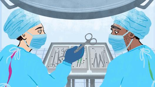 An illustration of two people looking at surgical tools. An illustration of two people looking at surgical tools.
