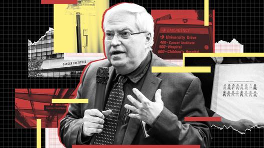 A photo illustration of Raymond Hohl encircled by images of the Penn State Cancer Institute, a medical device, and a nurse’s binder of thank you notes. A photo illustration of Raymond Hohl encircled by images of the Penn State Cancer Institute, a medical device, and a nurse’s binder of thank you notes.