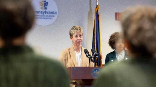 Kathy Buckley, Director of the Office of Victims' Services, PA Commission on Crime and Delinquency, speaks at an event for National Crime Victims' Rights Week, in Harrisburg, Pa. on April 10, 2025. Kathy Buckley, Director of the Office of Victims' Services, PA Commission on Crime and Delinquency, speaks at an event for National Crime Victims' Rights Week, in Harrisburg, Pa. on April 10, 2025.