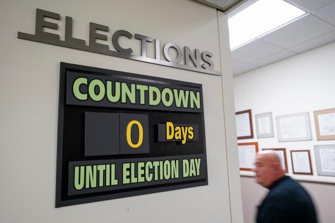 A sign displayed in the hallway at Northampton County Courthouse in Easton, Pennsylvania, on primary Election Day 2024.