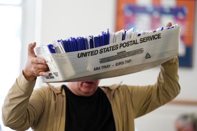 Workers sort mail ballots on Nov. 5, 2024, at Northampton County Courthouse in Easton, Pennsylvania. Workers sort mail ballots on Nov. 5, 2024, at Northampton County Courthouse in Easton, Pennsylvania.