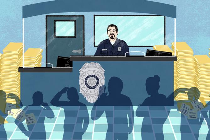An illustration of a police officer behind an information desk with shadows looking confused in the foreground. An illustration of a police officer behind an information desk with shadows looking confused in the foreground.