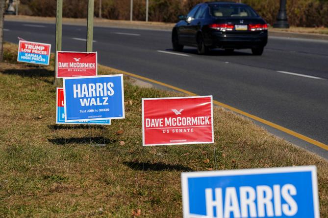 Campaign signs are displayed along Hellertown Road in Bethlehem, Northampton County, Pennsylvania.