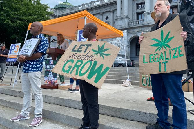 Supporters of legalizing cannabis for adult use rally outside the state Capitol in Harrisburg on June 27, 2023.