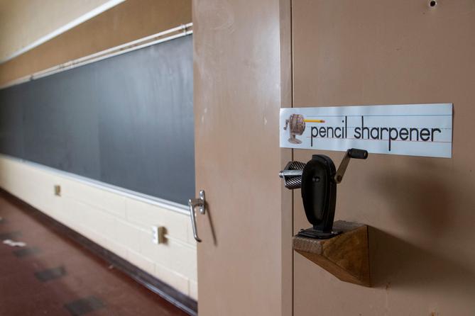 A classroom inside the former Longview Elementary School in Punxsutawney, Pa., on April 5, 2023.