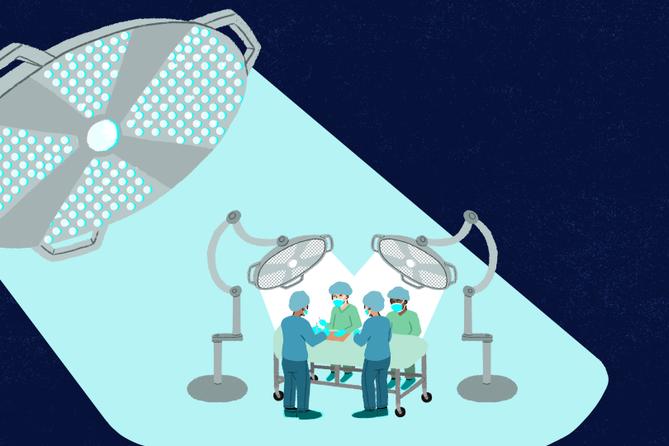An illustration of a transplant operation under a surgical light.